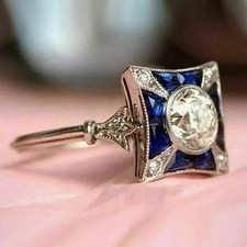 Art Deco Style Lab Created Diamond Engagement  Wedding 14K White Gold FN Ring