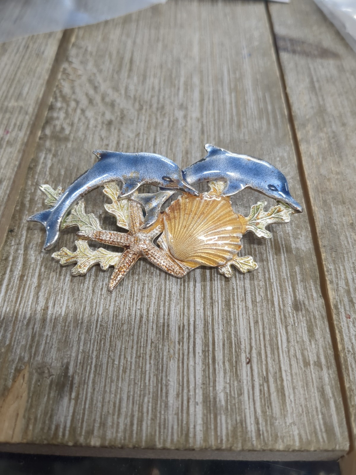 Vintage Enamel Dolphin Seashell Starfish Broach - image 2