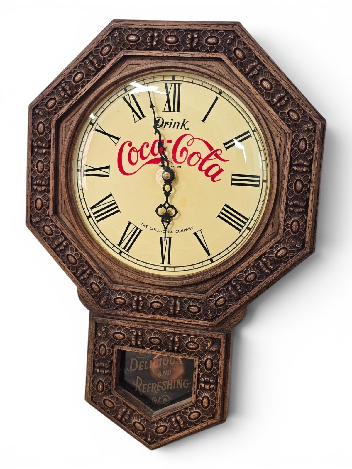 Vintage Retro 70 s Coca Cola Pendulum Wall Clock Faux Wood Grain Advertising