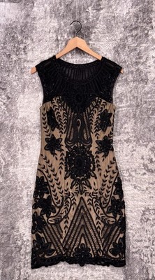 Sue Wong Nocturne Dress 6 Womens Black Beaded Embroidered Lace Sheath