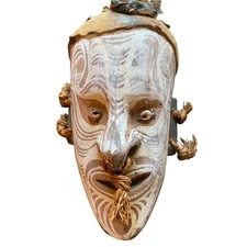 Primitive Tribal Mask Papua New Guinea Shells Hair Wood Vintage 9"x4" Decor