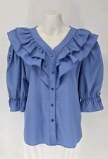 Mondiki Square Dance Ruffled Blue Top Ruched Sleeve Western Cottagecore Sz L