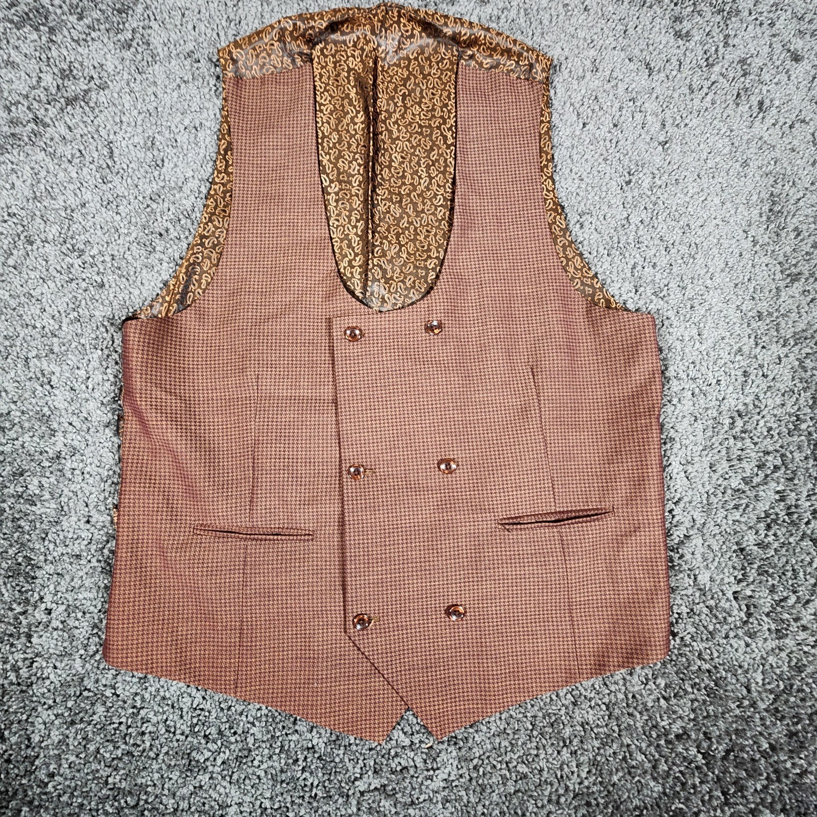 Rossi Man Double Breasted Vest Men's 44L Brown Super 150s Wool Houndstooth EUC