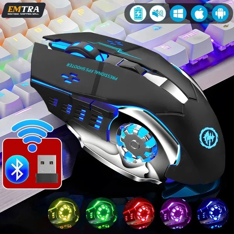 Mouse Wireless Rechargeable Silent Bluetooth USB PC Laptop Gaming RGB LED Mice - Image 2 of 4