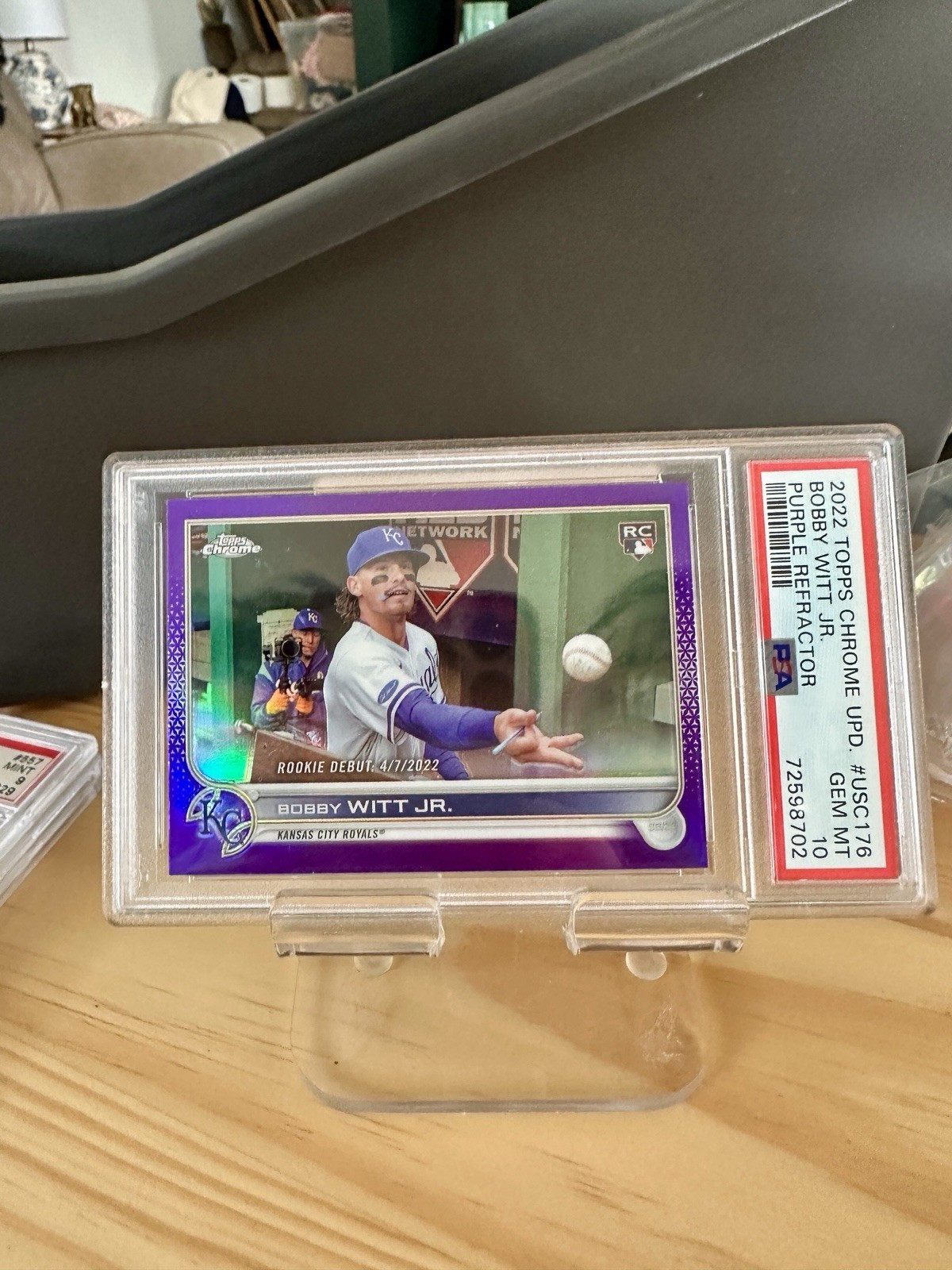 2022 Topps Chrome Update Rookie Debut Bobby Witt Jr. Purple Refractor PSA 10 view 2
