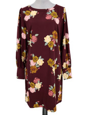 Loft Dress Womens 10 Burgundy Floral Shift Back Zip Long Sleeve Button Cuffs