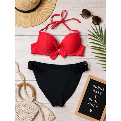 Aerie Red Push Up Bow Bikini Top 34C and Black Caged Side Bottoms Medium Set