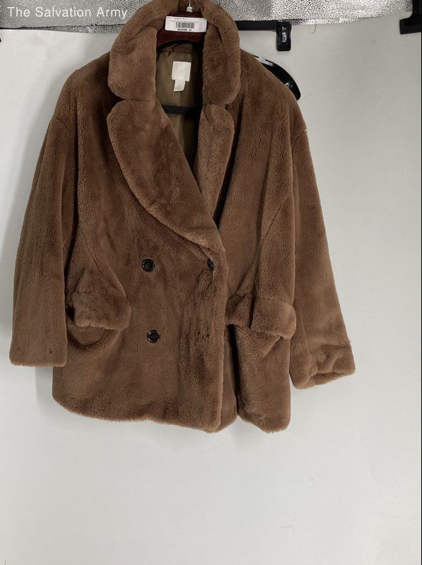 H&M Womens Brown Teddy Faux Fur Long Sleeve Double Breasted Pea Coat Size XL