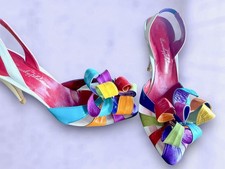 Vintage Beverly Feldman Rainbow Leather Curly Flower Slingback Stiletto Heels
