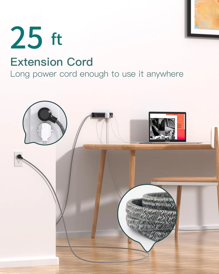 25FT Surge Protector Power Strip 12 AC Outlets 3 USB Flat Plug Wall Mount 1050J  - Image 2 of 4