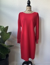 NWT Karl Lagerfeld Paris Chiffon Pearl Cuff Sheath Red Dress Size 12