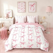 Girls Pink Bow Full Comforter Set with Sheets,Kawaii Bowknot Bedding Set for ...