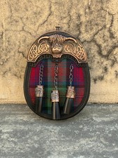Men's Scottish Cow Cantle sporran with 3 Tassels With Chain Belt 54 Tartan
