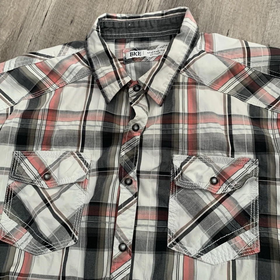 BKE Shirt Mens 2XL Pearl Snap Long Sleeve Athletic Fit Pink Gray Black Plaid - Image 3 of 4