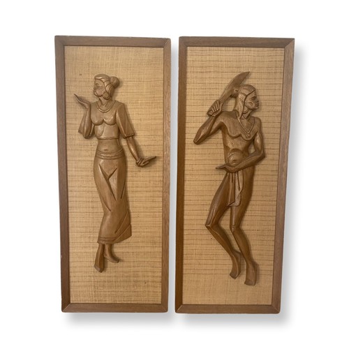 Vintage 1960er MCM polynesischer Stamm geschnitztes Holz Wandkunst Paneele 11,5 Zoll x 28,75 Zoll