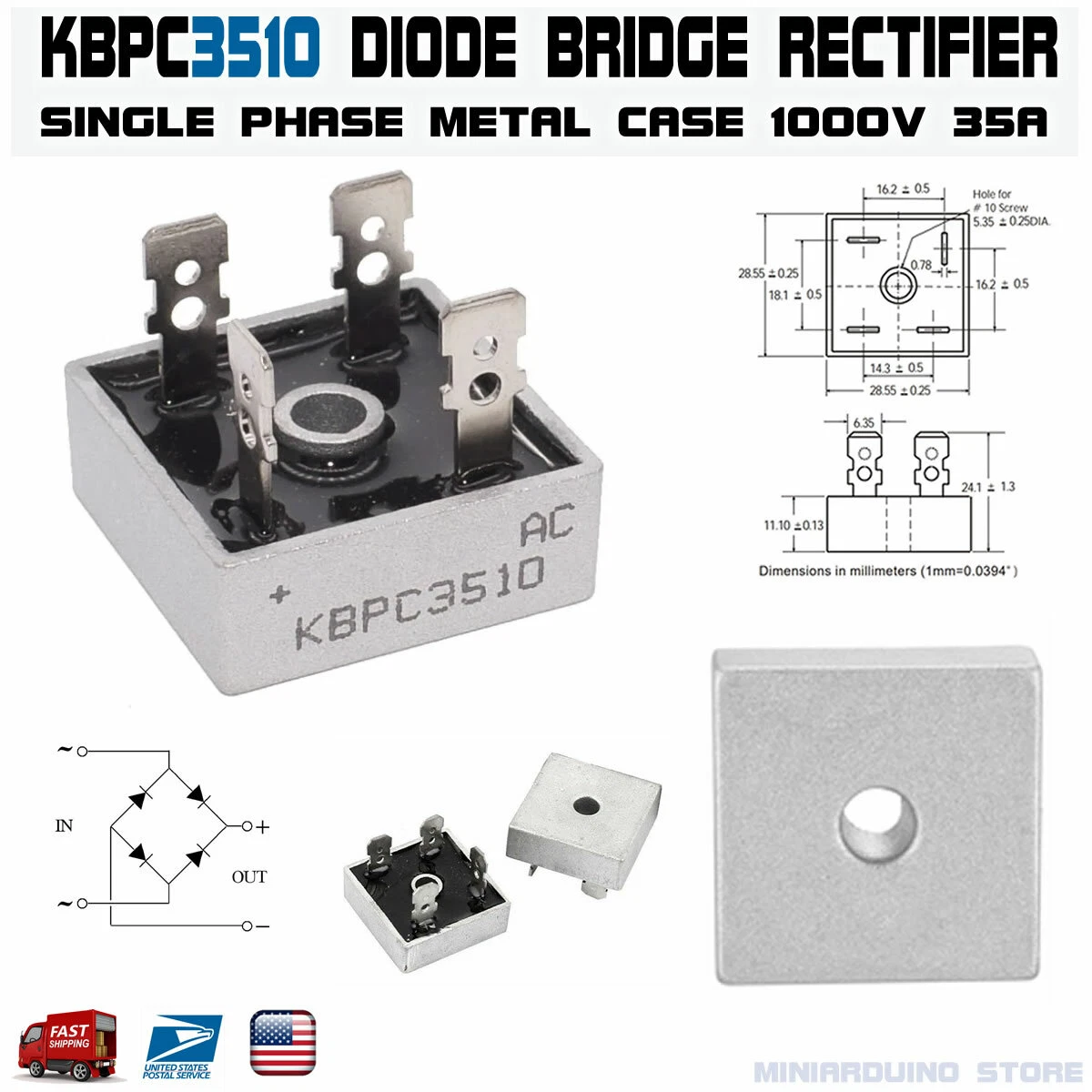 KBPC3510 Diode Bridge Rectifier Single Phase Metal Case 1000V 35A