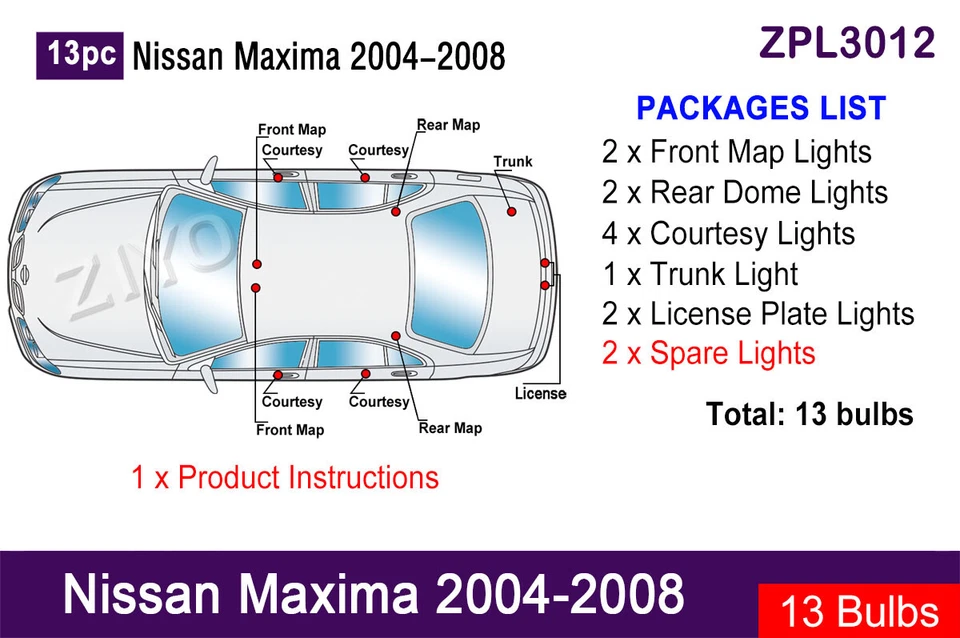 Actualización de luz interior LED de 13 piezas para Nissan Máxima 2004-2008 bombillas blancas Foto 2 de 4