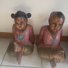 Carved Wood  Boy and Girl Figurines Life Size Thailand India