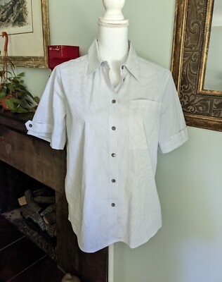 E3 by Etcetera Wms 8 ButtonUp ShortSleeve Blouse Vertical Stripe White Black 121