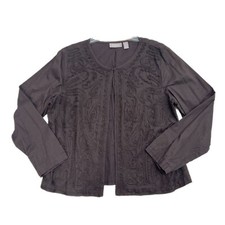 Chicos Lightweight Jacket Size 2 Large Brown Embroidered 100 Cotton