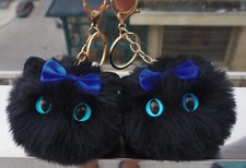 SET-2 Fluffy Black Cat With Ribbon Bow Pom Pom Keychain Bag Charm, Kawaii Kitty