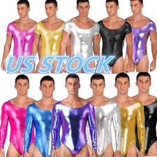 US Mens PVC Leather Slim Fit Jumpsuits Short Sleeve One-piece Bodysuit Clubwear