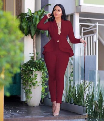 Large-Women's Sexy Long Sleeve Ruffle Red Wine Pant Suit Two Piece Matching  Set