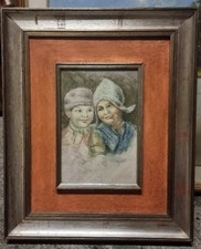 Quadro Pittura Ad Acquerello- XX secolo Con Cornice su Tela Dipinto Tema Bambini