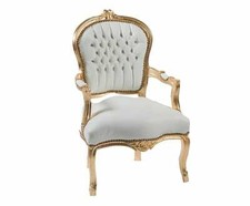 Poltrona sedia con braccioli Luigi XVI foglia oro eco-pelle bianca Luxury insert