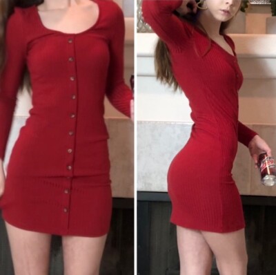 Topshop red ribbed button bodycon long sleeve mini dress size