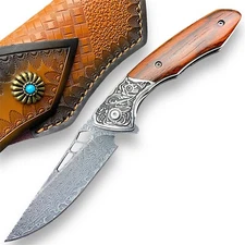 Damascus Steel EDC Pocket Knife! Rosewood Handle! Ball Bearing Pivot System!