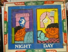 Vtg 1974 Playskool Sesame Street Woodboard Puzzles Night  Day Sealed Ages 2-5