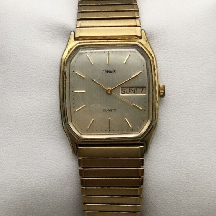 Vtg Timex Watch Men 29mm Gold Tone Day Date Stretch LA Cell Vtg Timex Watch Men 29mm Gold Tone Day Date Stretch LA Cell