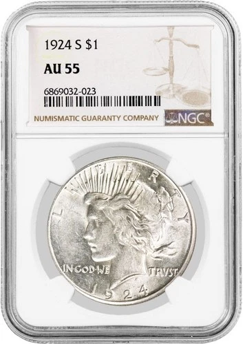 1924 S $1 Silver Peace Dollar NGC AU55 About Uncirculated Key Date Coin