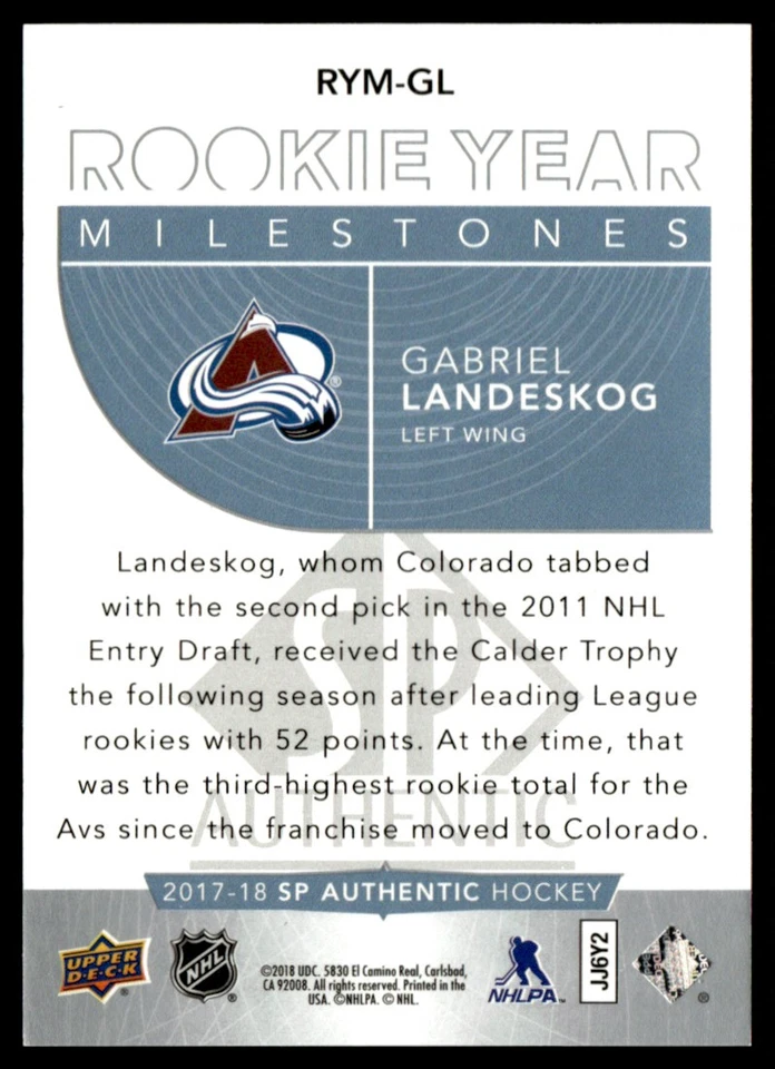 2017-18 SP Authentic Rookie Year Milestones Gabriel Landeskog #RYM-GL - Image 2 of 2