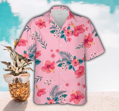 Hibiscus Flowers Pink Aloha Beach Vacation Summer Hawaiian Shirt