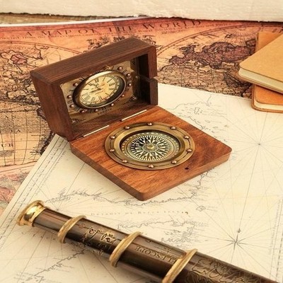 Handmade Authentic Clock Compass In Rose Wood Box, Gift