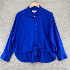 LOFT Top Womens Extra Large Blue Linen Blend Button Tie Front Long Sleeve NWT