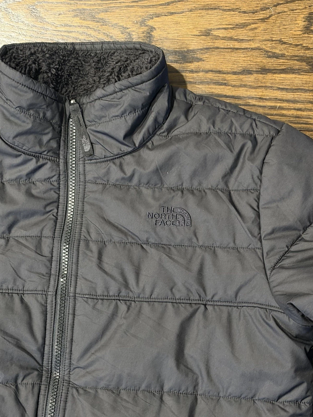 North Face Jacket Boy XL 18/20 Black Puffer Long Sleeve Reversible Sherpa
