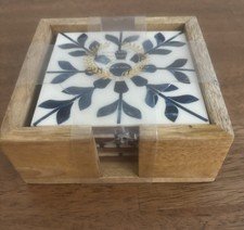 Set Of Wood And Resin Coasters In Holder New