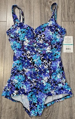 Maxine of Hollywood Shirred Front 1-pc Swimsuit Blue Floral Women's Sizes 14-16