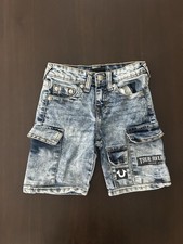 True Religion Girls Acid Wash Denim Cargo Jean Short Horseshoe Logo Patch Size 8