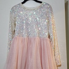 Girls Pink White Sequin Tutu Dress Long Sleeve Knee Length Tulle Sequin