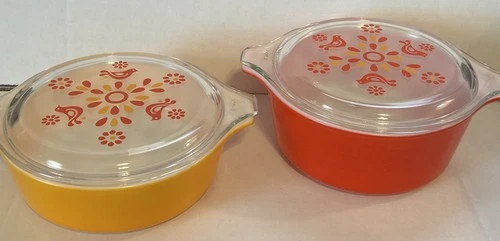 Vintage Pyrex FRIENDSHIP BIRDS 472 Red 1.5 pint & 471 Orange 1 pint FREE SHIP