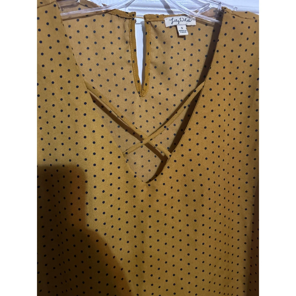 Lily White Polka Dot Blouse Women's Size Small Mustard Yellow Top Crossover - Image 4 of 4