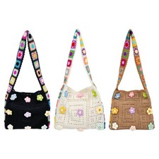 Boho Crochet Beach Bag with Cute Flower, Preppy Knit Tote Bag for Women Summer