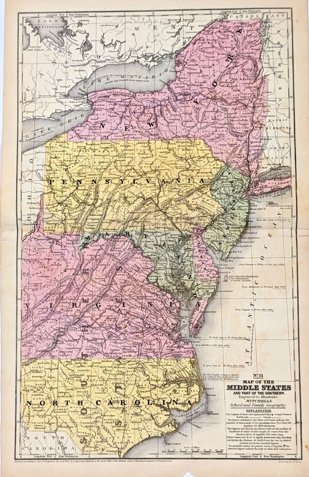 1852 Map VIRGINIA - NORTH CAROLINA - MARYLAND - NEW JERSEY - NEW YORK Original