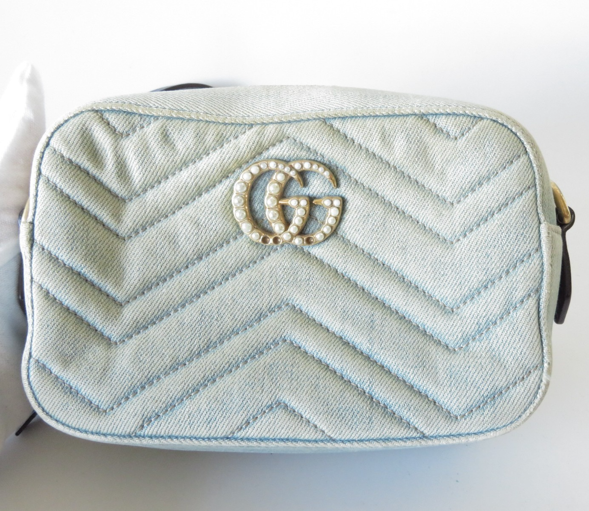 Authentic Gucci GG Marmont v stitch Chain Denim Leather Shoulder