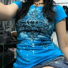 Women's Y2k Grunge T-Shirts 2000s Vinage Rhinestone Print Heart Rose T-Shirt