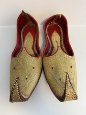 Vintage Handmade Gold  Red Mughal Leather Shoes Curl Toe Jutti Slippers